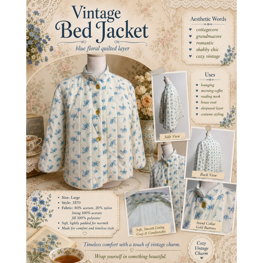 JCPenney Bed Jacket White Blue Floral Womens L Quilted Vintage Cottagecore